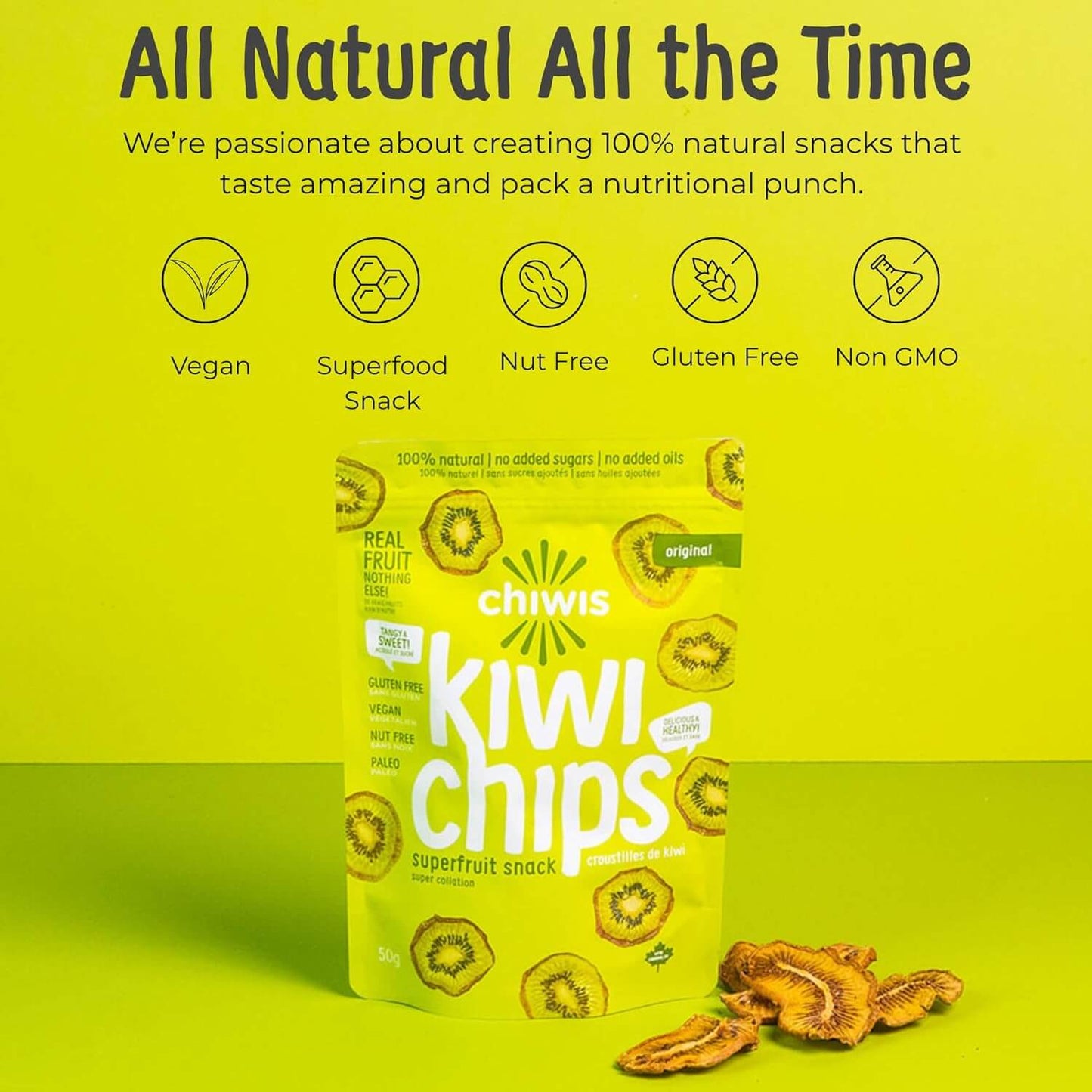 Kiwi Chips packaging featuring 100% natural, vegan, gluten-free snack with nutritional benefits.