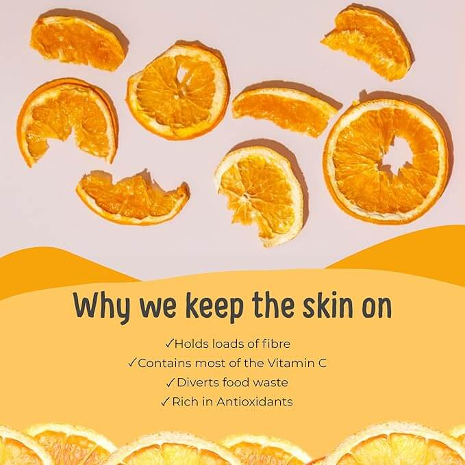 Orange Chips display with orange slices highlighting benefits like fibre and Vitamin C.