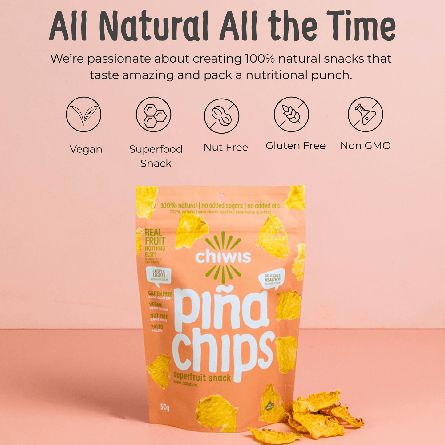Chiwis Piña Chips packaging with highlights of being vegan, gluten free, and a superfood snack, representing healthy fruit snacks.