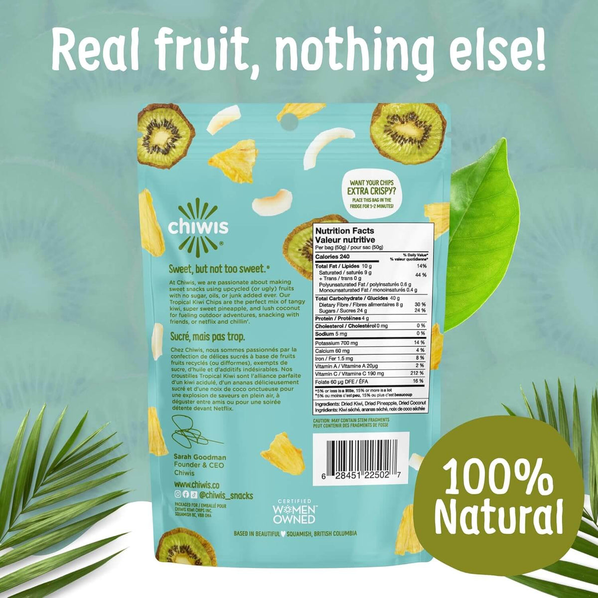 Tropical chips packaging showcasing real fruit ingredients, 100% natural with kiwi and pineapple, ideal for healthy snacking.