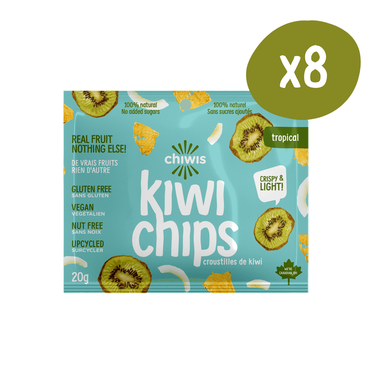 Tropical Chips 50g | Case of 12, 8 packs of kiwi chips with natural ingredients and no added sugars.