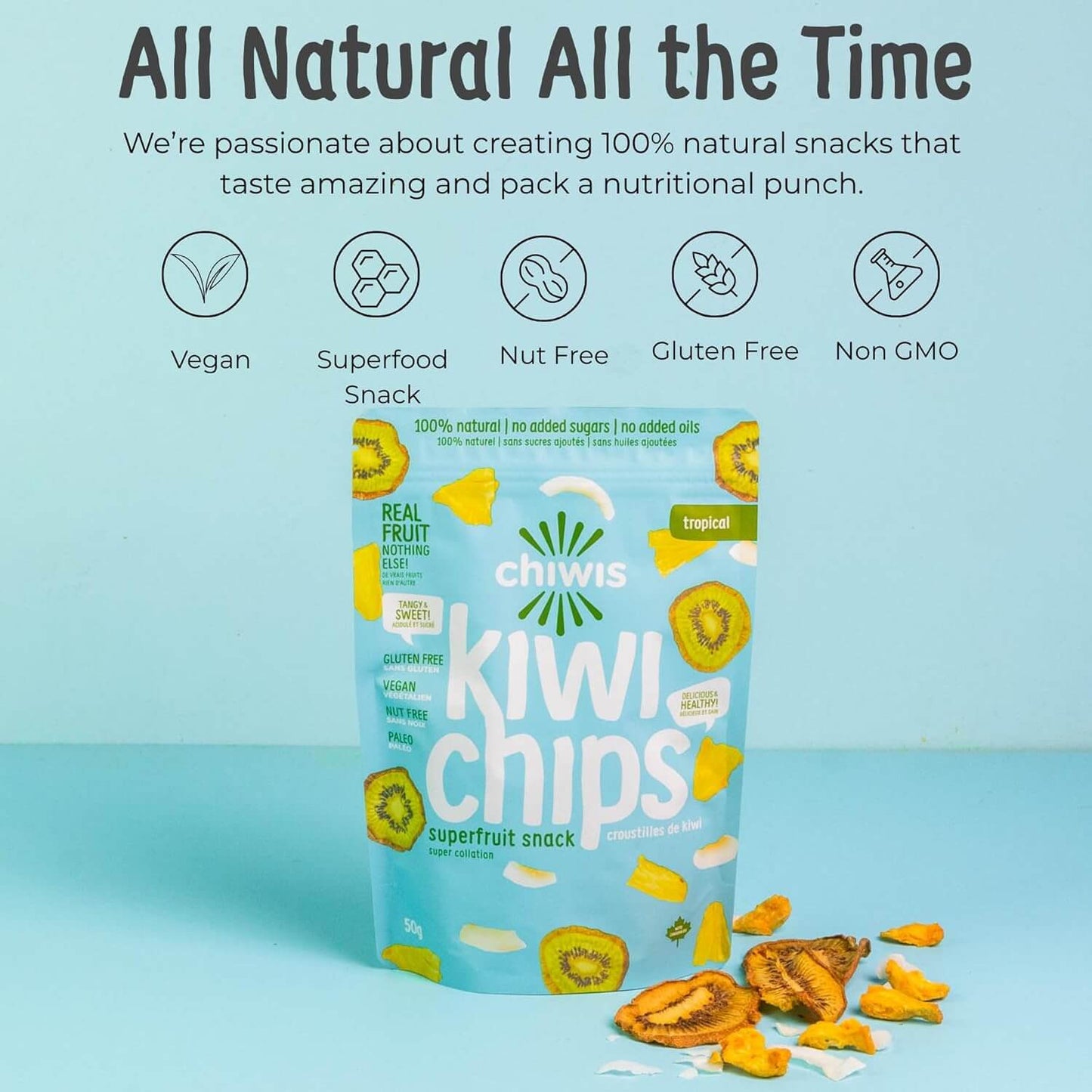 Tropical chips package with kiwi chips and text about being all natural, vegan, and gluten-free.