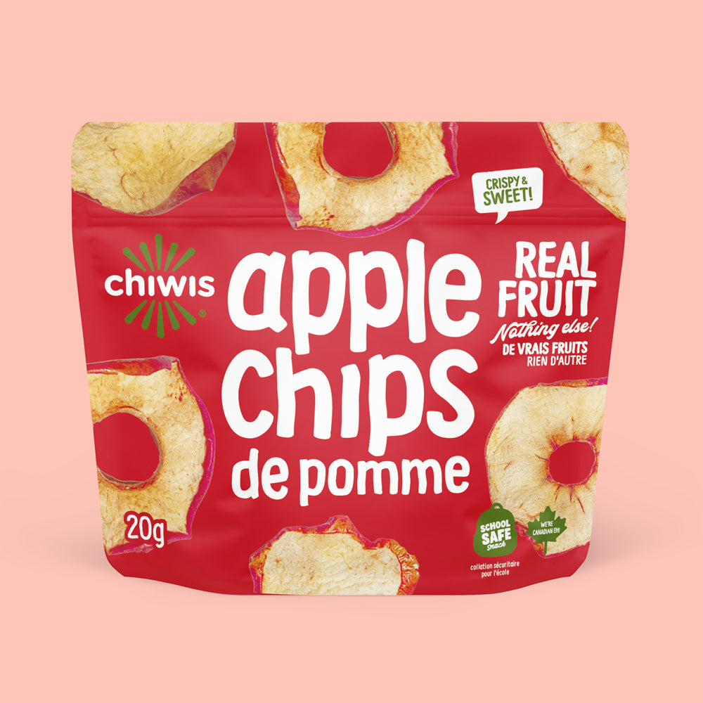Chiwis apple chips de pomme packaging featuring crispy and sweet 100% natural apple chips, school friendly snacking.