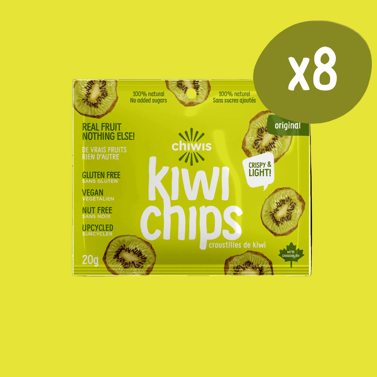 Kiwi Chips 50g |  Case of 12 packaging showcasing light, crispy, and natural fruit snacks with no added sugars.